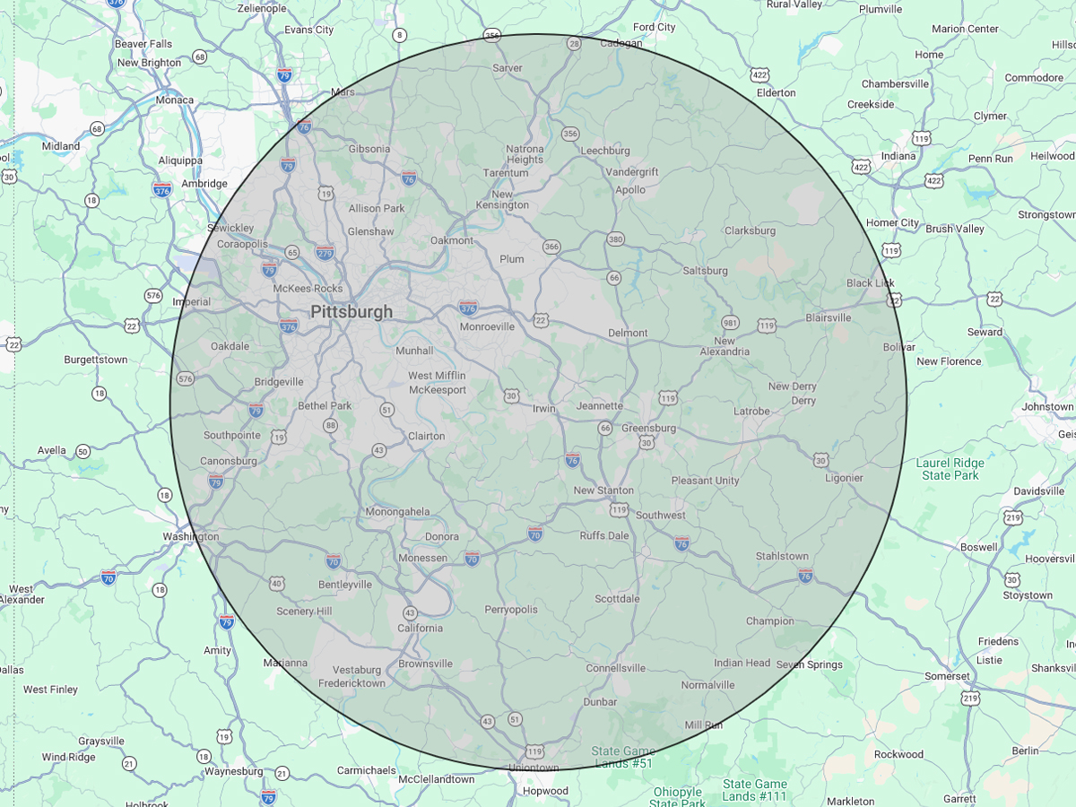 Service area map showing home inspection coverage across Monroeville, Pittsburgh, Irwin, and Greensburg, Pennsylvania